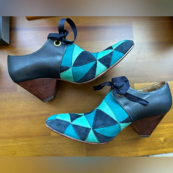 Fluevog EXCELLENT Purpose Scheme angular suede booties in turquoise/navy -7.5/8 - Picture 11 of 16